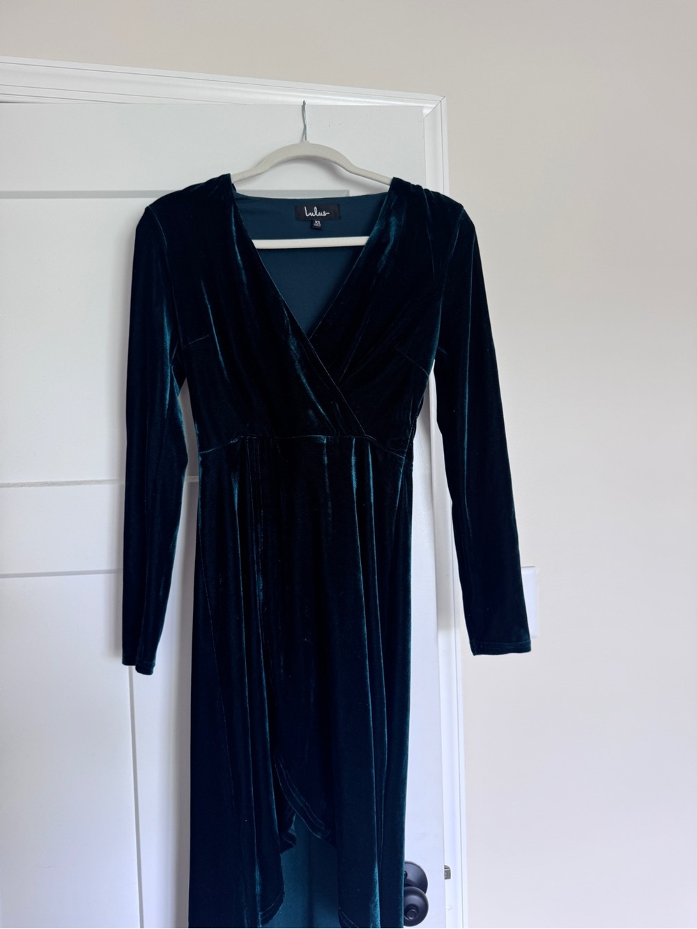 Lulu's Dark Green Velvet Wrap Dress - Long Sleeve Midi